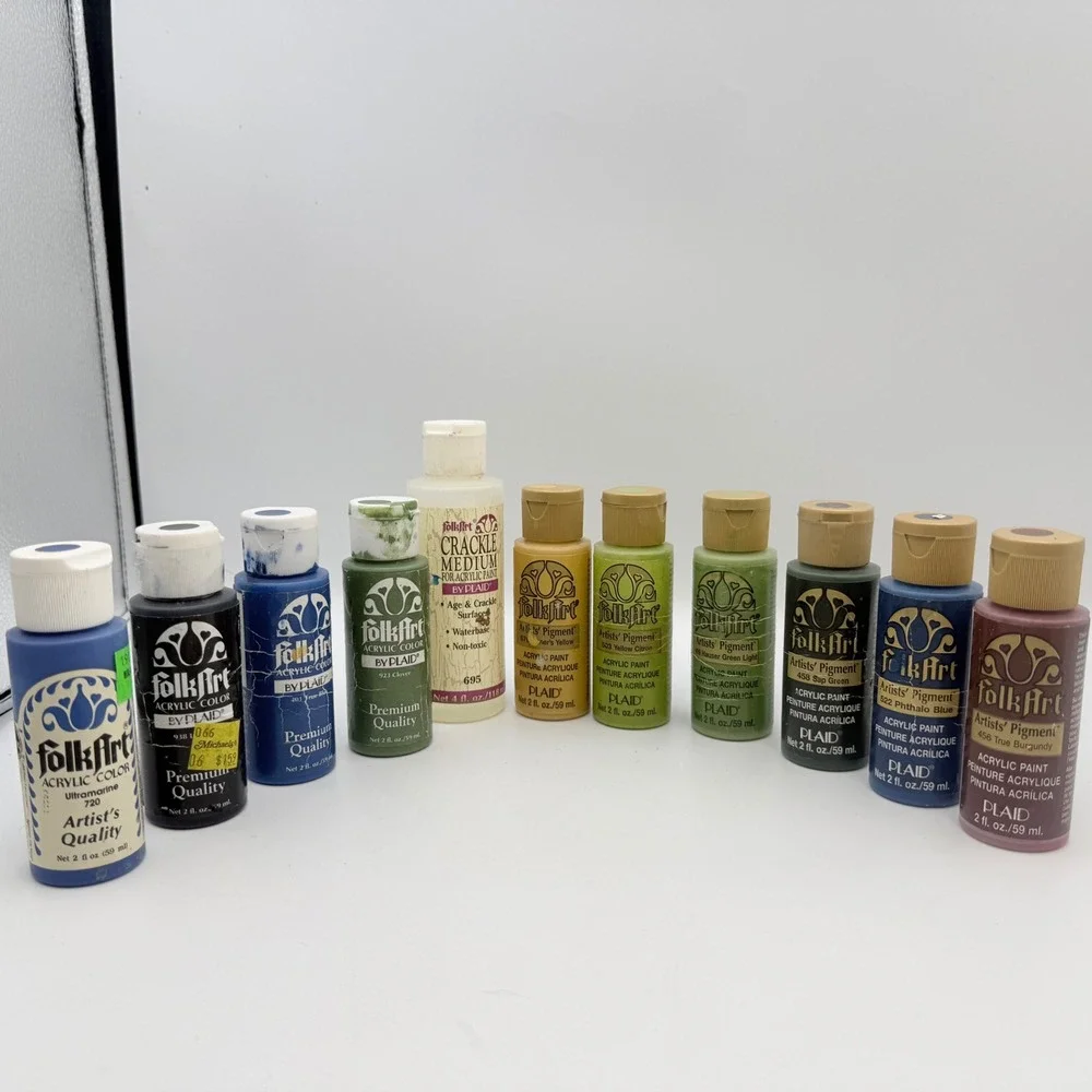 FolkArt Plaid Acrylic Paint Lot 11 Bottles Crackle Medium Green Blue Yellow Red